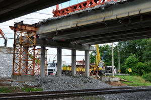 Bridge Inspection Truck at bridge repair site 