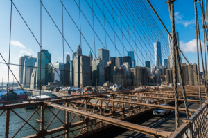 bridge and tall building in background