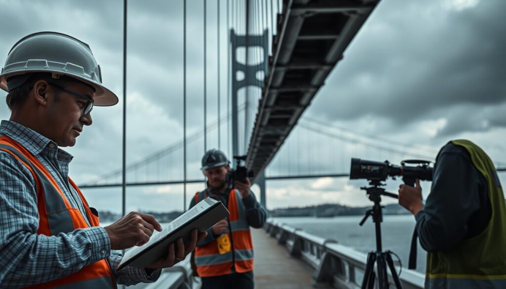 A bridge safety assessment team conducting a thorough inspection. In the foreground, a civil engineer carefully examines the structural integrity of the bridge's supports, making detailed notes on a tablet. In the middle ground, a team member operates a specialized camera, capturing high-resolution images of the bridge's surface for later analysis. In the background, the bridge spans a vast river, its cables and beams silhouetted against a moody, overcast sky, emphasizing the importance of this critical infrastructure. The scene is illuminated by natural lighting, casting dramatic shadows and highlights to reveal the intricate details of the bridge's construction. The overall mood is one of diligence and professionalism, underscoring the gravity of ensuring public safety.