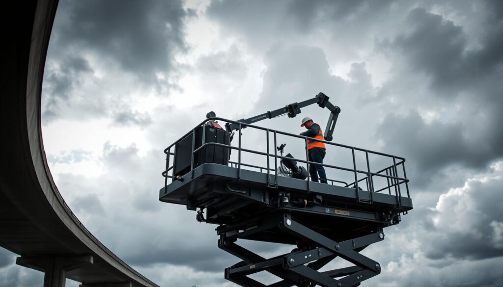 A high-tech underbridge inspection platform stands against a backdrop of billowing clouds and a moody sky. The platform's sturdy frame and specialized equipment are meticulously designed to withstand strong winds, with adjustable stabilizers and reinforced safety rails. A technician, clad in a reflective vest, carefully maneuvers the platform, its robotic arm extended to closely examine the bridge's understructure. Powerful LED lights illuminate the scene, casting dramatic shadows and highlighting the intricate details of the inspection technology. The whole setup conveys a sense of precision, safety, and the challenges of conducting high-stakes infrastructure assessments in demanding environmental conditions.