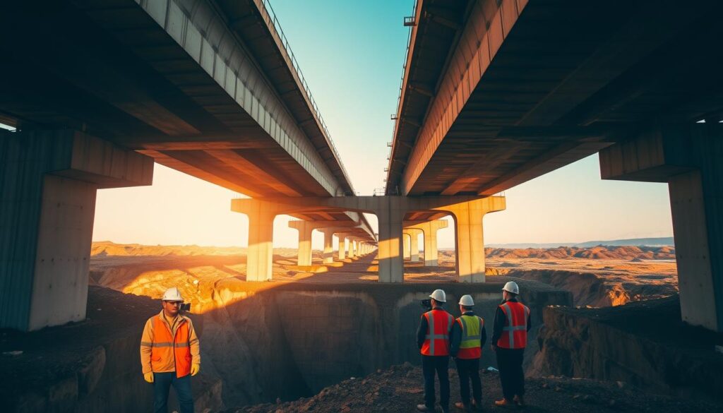 A vast concrete bridge spans a deep ravine, its sturdy supports standing firm against the elements. Beneath, a team of engineers in hard hats and safety vests carefully inspect the structure, using specialized non-destructive testing equipment to assess the integrity of the materials. The scene is bathed in a warm, golden light, casting long shadows that accentuate the bridge's intricate design. The camera angles capture the scale and grandeur of the infrastructure, while also highlighting the meticulous work being done to ensure its continued safety and reliability. The atmosphere conveys a sense of critical importance, with the engineers' actions playing a vital role in maintaining the structural integrity of this essential transportation link.