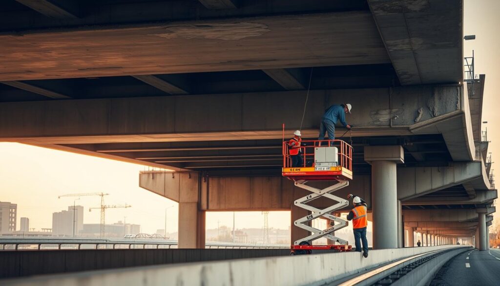 Prompt A construction crew diligently working on routine bridge maintenance, inspecting and repairing concrete spalling on the underside of a highway overpass. In the foreground, workers carefully apply specialized patching materials to the damaged areas, ensuring a smooth and durable finish. The middle ground features a specialized work platform positioned strategically to provide safe and efficient access to the affected regions. In the background, the bridge's steel structure and the surrounding urban landscape create a sense of scale and context. Warm, diffused lighting illuminates the scene, emphasizing the skilled, meticulous nature of the maintenance work. The overall mood conveys a commitment to quality control and the importance of long-term infrastructure upkeep.