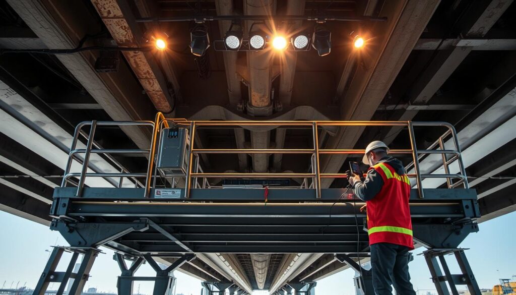 Underbridge inspection platform in crisp, high-resolution detail. The platform is meticulously engineered, featuring a robust steel frame, adjustable stabilizing legs, and safety rails. Overhead, a series of powerful spotlights illuminate the underside of the bridge, casting dramatic shadows. In the foreground, an inspector examines the bridge's structural elements using a variety of specialized tools and sensors. The scene conveys a sense of focused, professional activity in a challenging, elevated environment.
