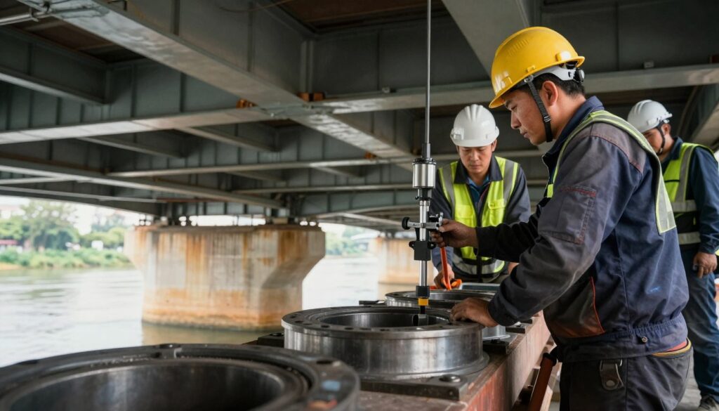 A detailed view of an engineering team working under a bridge, focusing on bearing replacement. In the foreground, an engineer in a safety helmet and professional attire carefully examines high-precision alignment tools positioned above a set of steel bearings on a sturdy platform. The middle ground shows the bridge's structural elements, with visible support beams and intricate detailing. In the background, the river flows gently beneath the bridge, with natural light filtering through the gaps above, creating a warm, focused atmosphere. Capture this scene from a low angle, emphasizing the height of the bridge and the expertise of the engineers, enhanced with a slight depth of field to create a sense of professionalism and technical precision. The overall mood is one of diligence and collaboration in an engineering context.
