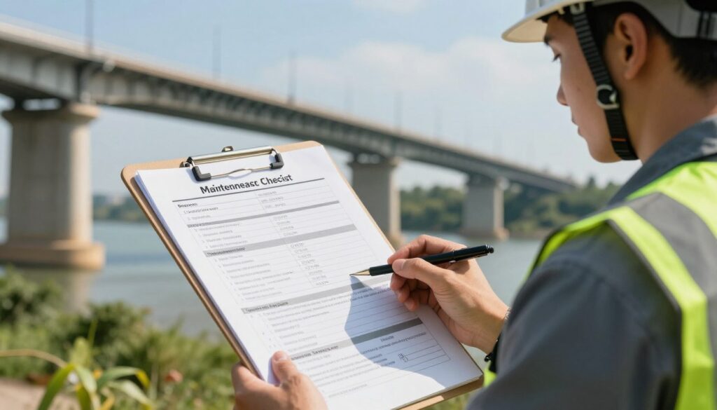 A detailed bridge maintenance checklist laid out on a sturdy clipboard, featuring organized sections for inspection items, maintenance tasks, and safety protocols. In the foreground, show a professional engineer wearing a hard hat and safety vest, intently reviewing the checklist. The middle ground features a slightly blurred image of a large, well-maintained bridge under a clear blue sky. The background includes lush green trees and the sun creating warm, natural lighting that enhances the clarity of the scene. The mood is focused and diligent, representing the importance of thorough inspections and meticulous documentation in bridge maintenance. Aim for a realistic, professional style with a depth of field effect to emphasize the checklist in the foreground.