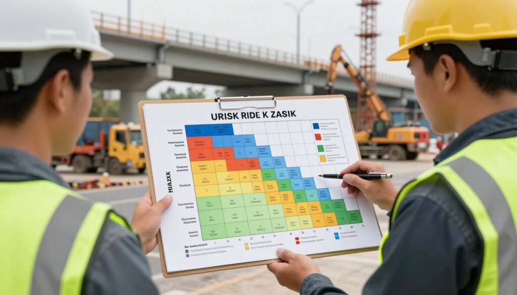A detailed risk matrix for under-bridge work zones, designed with a clear layout showcasing risk factors such as equipment hazards, worker safety, and environmental risks. In the foreground, several professional workers in safety gear, including hard hats and reflective vests, are analyzing the matrix on a clipboard. The middle ground features a well-structured risk matrix, with color-coded sections highlighting different levels of risk and associated controls. The background includes an under-bridge work site, with scaffolding and construction equipment positioned strategically, illuminated by soft daylight to create a professional atmosphere. The angle of view captures both the matrix and the active work zone, balancing clarity and detail, while maintaining a sense of urgency and focus on safety.