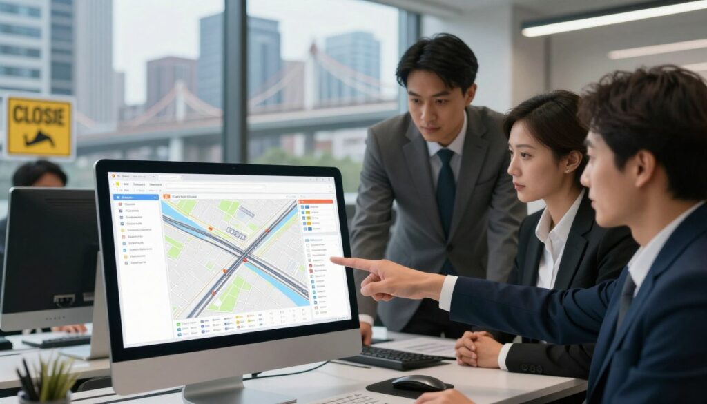 A modern urban bridge closure scheduling platform, visually depicted in an organized workspace setting. In the foreground, a sleek computer screen displays an interactive map showing various bridge closures, with timelines and color-coded markers. The middle ground features a diverse team of professionals in business attire collaborating, pointing at the screen with focused expressions. In the background, a panoramic view of a bustling city skyline showcases multiple urban bridges, with signs indicating closures. Soft, ambient lighting creates a professional atmosphere, while a slight depth of field effect highlights the screen and the team. The scene embodies efficiency and teamwork in urban planning.