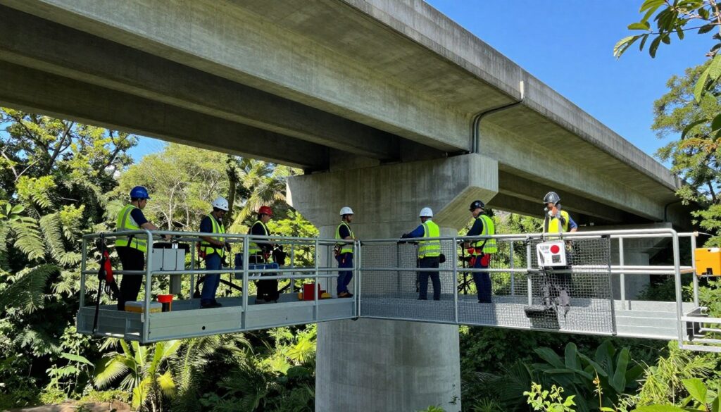 A detailed view of a bat exclusion bridge maintenance platform, positioned under a large concrete bridge, surrounded by natural greenery. In the foreground, showcase the platform's sturdy construction with safety railings and tools like nets and exclusion devices. In the middle ground, highlight a team of professionals in hard hats and reflective vests, carefully inspecting the platform while discussing their work. In the background, illustrate the bridge structure with its supporting pillars and clear blue sky above, allowing sunlight to filter through. The scene should convey a sense of diligence and professionalism, emphasizing environmental compliance and safety measures. Capture the image with a slightly elevated angle, using bright, natural lighting to enhance clarity and focus on the details of the maintenance platforms. A detailed view of a bat exclusion bridge maintenance platform, positioned under a large concrete bridge, surrounded by natural greenery. In the foreground, showcase the platform's sturdy construction with safety railings and tools like nets and exclusion devices. In the middle ground, highlight a team of professionals in hard hats and reflective vests, carefully inspecting the platform while discussing their work. In the background, illustrate the bridge structure with its supporting pillars and clear blue sky above, allowing sunlight to filter through. The scene should convey a sense of diligence and professionalism, emphasizing environmental compliance and safety measures. Capture the image with a slightly elevated angle, using bright, natural lighting to enhance clarity and focus on the details of the maintenance platforms.