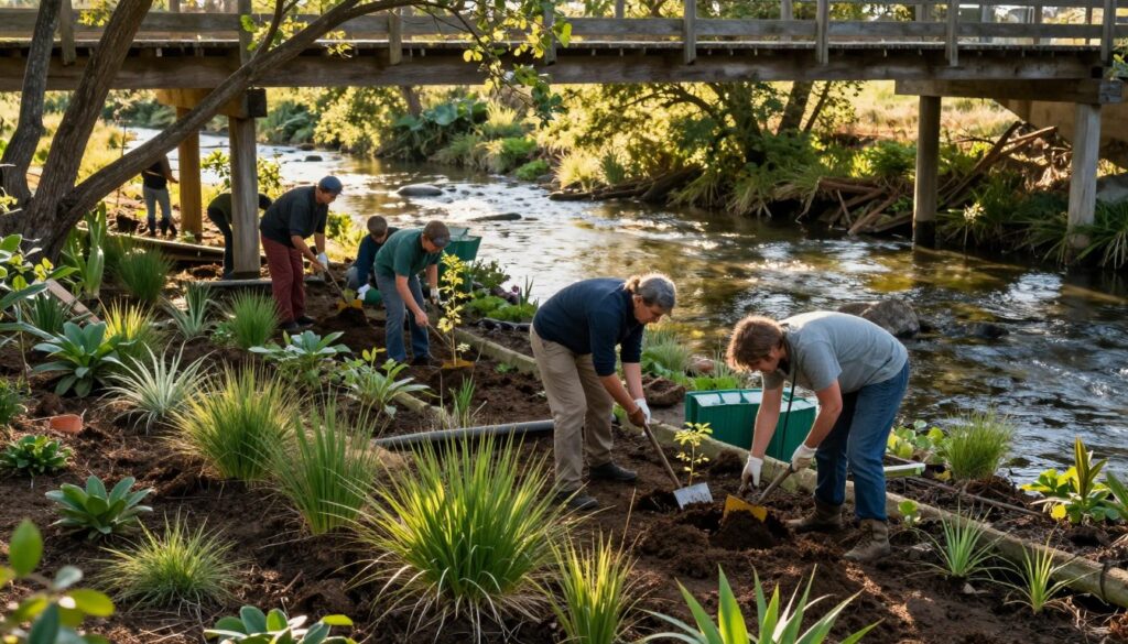 A serene wetland restoration scene beneath a wooden bridge, showcasing various environmental protection techniques. In the foreground, carefully arranged native plants and grasses are thriving in rich, dark soil. The middle ground features a team of professionals in modest casual clothing, collaborating on a restoration project, using tools to plant young saplings and install protective barriers. In the background, the gentle flow of a clear stream reflects sunlight filtering through overhanging branches, creating dappled light patterns. The atmosphere is calm and focused, emphasizing teamwork and environmental stewardship. The lighting is warm and natural, capturing the beauty of the wetlands during late afternoon, with soft shadows enhancing the scene. The angle is slightly elevated, providing a comprehensive view of the restoration efforts under the bridge.