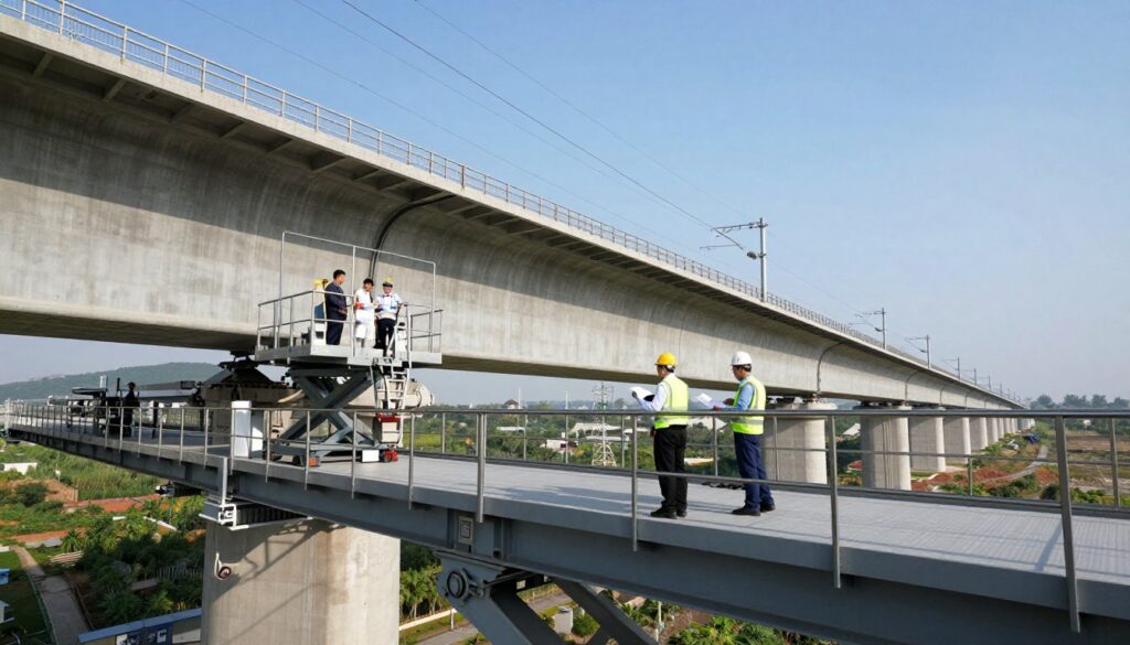 A detailed, high-resolution image of a high-speed rail bridge inspection platform. In the foreground, depict a sturdy, modular platform featuring safety railings and hydraulic lifts, with engineers in professional attire discussing plans. In the middle ground, showcase a section of a sleek, modern high-speed rail bridge, with its architectural details like steel beams and concrete supports visible. The background features a clear blue sky, with distant hills and greenery. Detail the sunlight casting soft shadows, enhancing the industrial environment. The atmosphere should evoke precision and safety, with a focus on the meticulous nature of bridge maintenance. A detailed, high-resolution image of a high-speed rail bridge inspection platform. In the foreground, depict a sturdy, modular platform featuring safety railings and hydraulic lifts, with engineers in professional attire discussing plans. In the middle ground, showcase a section of a sleek, modern high-speed rail bridge, with its architectural details like steel beams and concrete supports visible. The background features a clear blue sky, with distant hills and greenery. Detail the sunlight casting soft shadows, enhancing the industrial environment. The atmosphere should evoke precision and safety, with a focus on the meticulous nature of bridge maintenance.