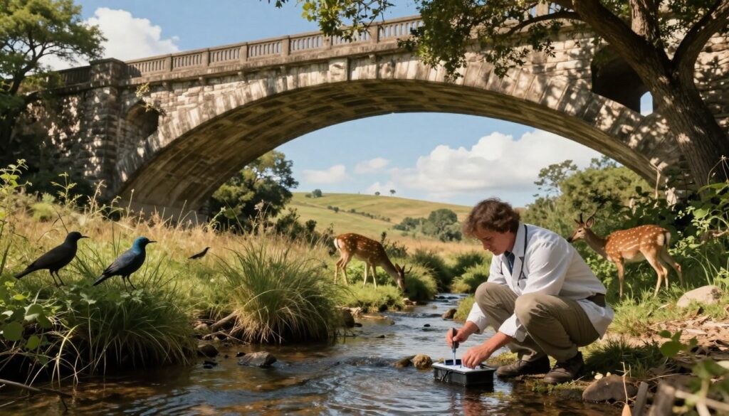 A serene scene depicting a wildlife habitat assessment under a bridge. In the foreground, a professional biologist in modest casual clothing crouches by a small stream, examining water quality with testing equipment. The middle ground features lush vegetation and various local wildlife—birds perched nearby and a deer grazing. The bridge, an arched stone structure, looms above, partially shaded by greenery, allowing dappled sunlight to filter through. In the background, the landscape rolls into a gentle hill under a brilliant blue sky with soft, wispy clouds. The atmosphere is calm and focused, portraying the connection between wildlife habitats and the scientific endeavor of monitoring these environments. Shot from a slightly low angle to emphasize the scale of the bridge and the grandeur of nature surrounding it, with warm, natural lighting.
