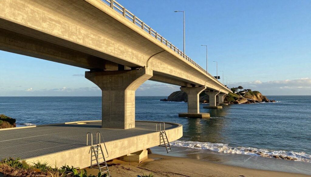 A coastal bridge structure featuring innovative under-bridge platforms designed for corrosion management. In the foreground, detailed platforms with metal grating and access ladders, showcasing advanced engineering with a focus on accessibility for maintenance workers. In the middle ground, the bridge spans across a scenic coastal landscape, with the sun casting warm, golden light, highlighting the textures of the platform and the bridge’s concrete surface. The background reveals a calm ocean with gentle waves lapping against the shore, and distant cliffs under a clear blue sky. The angle is slightly elevated, creating a dramatic perspective that emphasizes the bridge's height and engineering elegance, while the overall mood is one of innovation and sustainability. A coastal bridge structure featuring innovative under-bridge platforms designed for corrosion management. In the foreground, detailed platforms with metal grating and access ladders, showcasing advanced engineering with a focus on accessibility for maintenance workers. In the middle ground, the bridge spans across a scenic coastal landscape, with the sun casting warm, golden light, highlighting the textures of the platform and the bridge’s concrete surface. The background reveals a calm ocean with gentle waves lapping against the shore, and distant cliffs under a clear blue sky. The angle is slightly elevated, creating a dramatic perspective that emphasizes the bridge's height and engineering elegance, while the overall mood is one of innovation and sustainability.