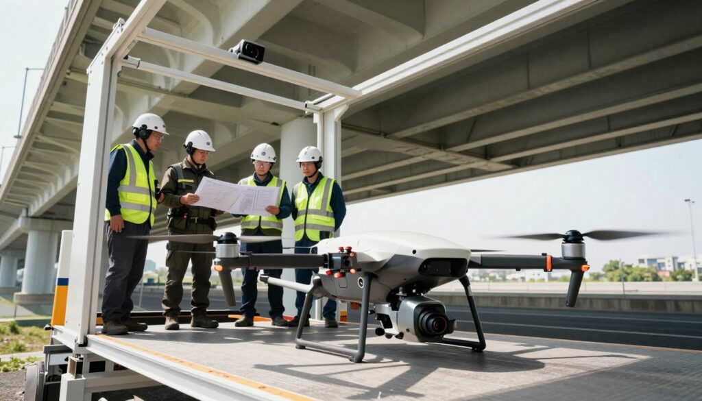 A dynamic scene showcasing a drone launch infrastructure positioned under a bridge. In the foreground, a sleek, modern launch platform with a drone about to take off, equipped with advanced navigational sensors and sturdy supporting structures. The middle layer features several professionals in safety gear, including helmets and vests, consulting over plans and monitors, emphasizing safety and organization. The background reveals the bridge's architectural details, with sunlight filtering through creating sharp contrasts and shadows, enhancing the technological atmosphere. The overall mood is focused and industrious, capturing the best practices of drone launching in a safe and efficient manner. The image is brightly lit, highlighting all elements clearly, and viewed from a low-angle perspective to convey importance and scale.