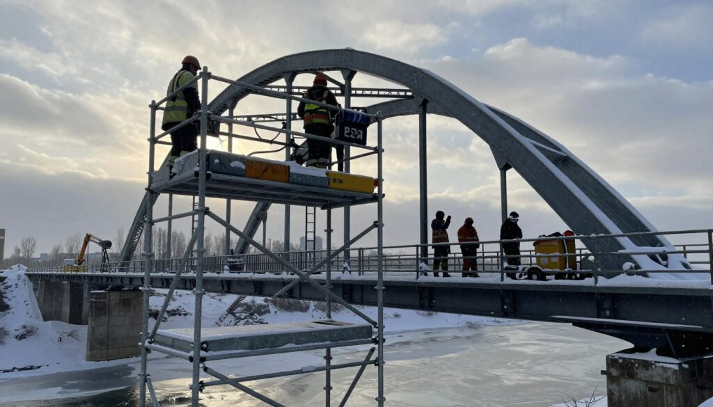 A winter scene featuring bridge maintenance platforms, with sturdy, snow-covered scaffolding set against a backdrop of a steel arch bridge. In the foreground, a well-equipped maintenance platform stands, complete with tools and safety equipment, silhouetted against gently falling snow. The middle ground shows maintenance workers in professional winter attire, focusing on the bridge’s structural integrity, utilizing advanced machinery like hydraulic lifts. The background reveals a serene, cloudy sky with hints of sunlight breaking through, casting a soft, diffused light over the scene. The atmosphere is calm yet industrious, highlighting the meticulous effort required for winter maintenance, with an emphasis on safety and adaptation to harsh weather conditions.