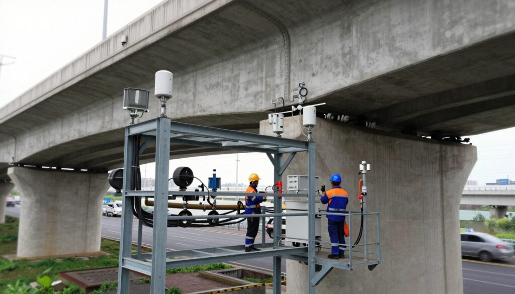 Under a large concrete bridge, a detailed scene of utility platforms is depicted. In the foreground, intricate metal structures hold various infrastructure elements like cables, pipes, and sensors, showcasing the complexity of urban utility systems. The middle ground features workers in professional attire, inspecting the installations and taking measurements, emphasizing the practical use of these platforms. The background displays the bridge’s pillars and roadway, captured from an angle that highlights the scale and structure of the bridge. Soft, diffused lighting creates a clean, technical atmosphere, while a slight lens distortion adds depth to the scene, emphasizing the operational environment beneath the bridge. The overall mood conveys a blend of engineering precision and urban functionality. Under a large concrete bridge, a detailed scene of utility platforms is depicted. In the foreground, intricate metal structures hold various infrastructure elements like cables, pipes, and sensors, showcasing the complexity of urban utility systems. The middle ground features workers in professional attire, inspecting the installations and taking measurements, emphasizing the practical use of these platforms. The background displays the bridge’s pillars and roadway, captured from an angle that highlights the scale and structure of the bridge. Soft, diffused lighting creates a clean, technical atmosphere, while a slight lens distortion adds depth to the scene, emphasizing the operational environment beneath the bridge. The overall mood conveys a blend of engineering precision and urban functionality.
