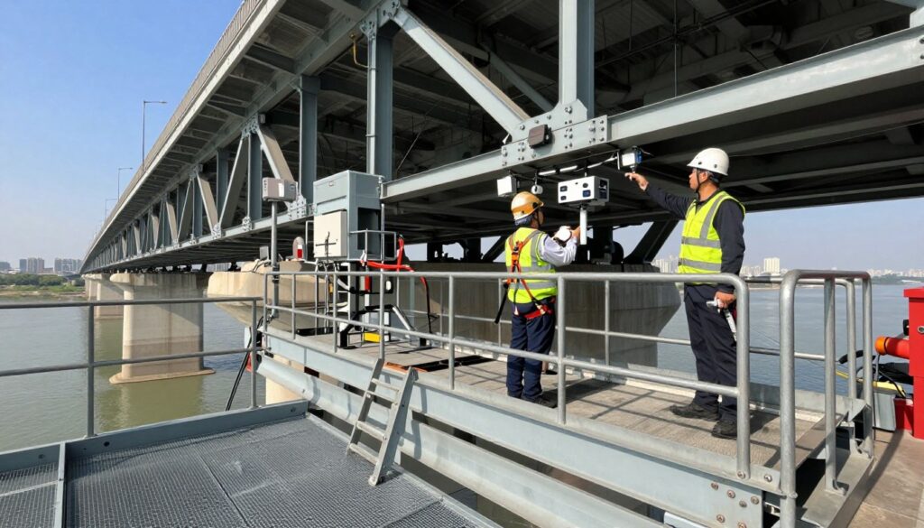 A detailed view of an under-bridge inspection platform, showcasing a complex network of access systems and safety equipment. In the foreground, highlight a sturdy, metallic platform equipped with safety rails and ladders. In the middle ground, depict a professional inspector in a safety helmet and high-visibility vest, examining the bridge structure with advanced AI inspection tools. In the background, a sprawling bridge spans across a river, with clear blue skies and sunlight casting dynamic shadows. Use a wide-angle lens perspective to emphasize the scale of the bridge and platform. The mood is one of professionalism and technological advancement, illustrating the critical role of human expertise in AI inspections. The lighting is bright and natural, enhancing clarity and detail in the scene.