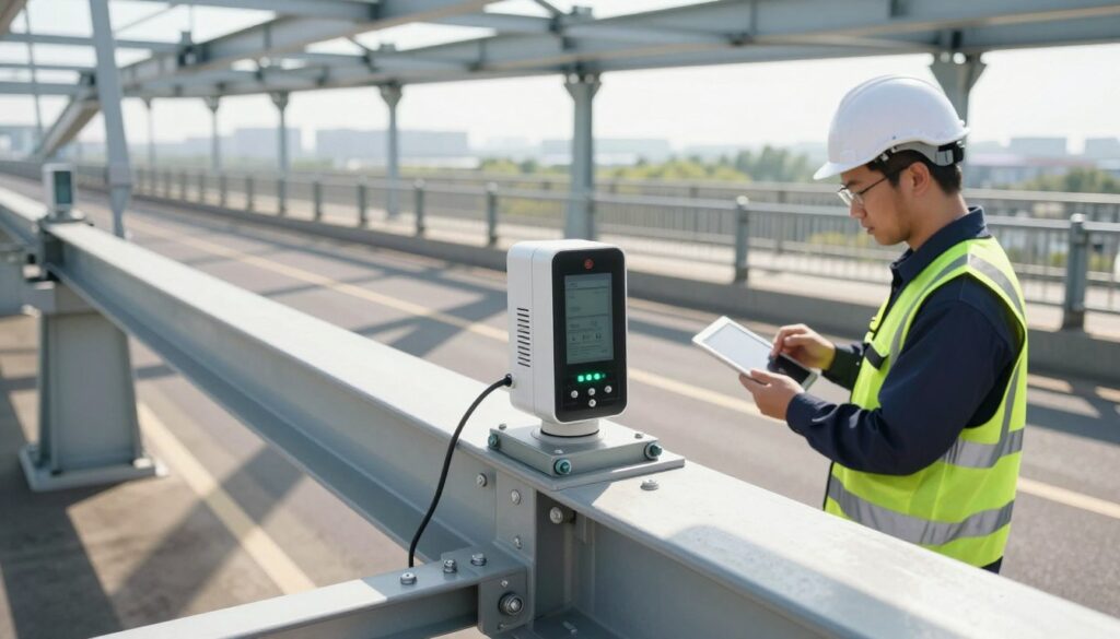 A detailed view of advanced bridge inspection techniques showcasing smart sensors on an under-bridge platform. In the foreground, display a high-tech sensor system mounted on a steel girder with LEDs indicating real-time data. The middle ground features a safety-conscious engineer in professional attire, examining the sensor output with tablet in hand. The background presents an expansive view of a modern bridge while sunlight casts dynamic shadows through the structural elements. Use a slightly elevated angle to capture the depth and complexity of the technology. The lighting should be bright, emphasizing clarity and precision, evoking a mood of innovation and professionalism in engineering. A detailed view of advanced bridge inspection techniques showcasing smart sensors on an under-bridge platform. In the foreground, display a high-tech sensor system mounted on a steel girder with LEDs indicating real-time data. The middle ground features a safety-conscious engineer in professional attire, examining the sensor output with tablet in hand. The background presents an expansive view of a modern bridge while sunlight casts dynamic shadows through the structural elements. Use a slightly elevated angle to capture the depth and complexity of the technology. The lighting should be bright, emphasizing clarity and precision, evoking a mood of innovation and professionalism in engineering.